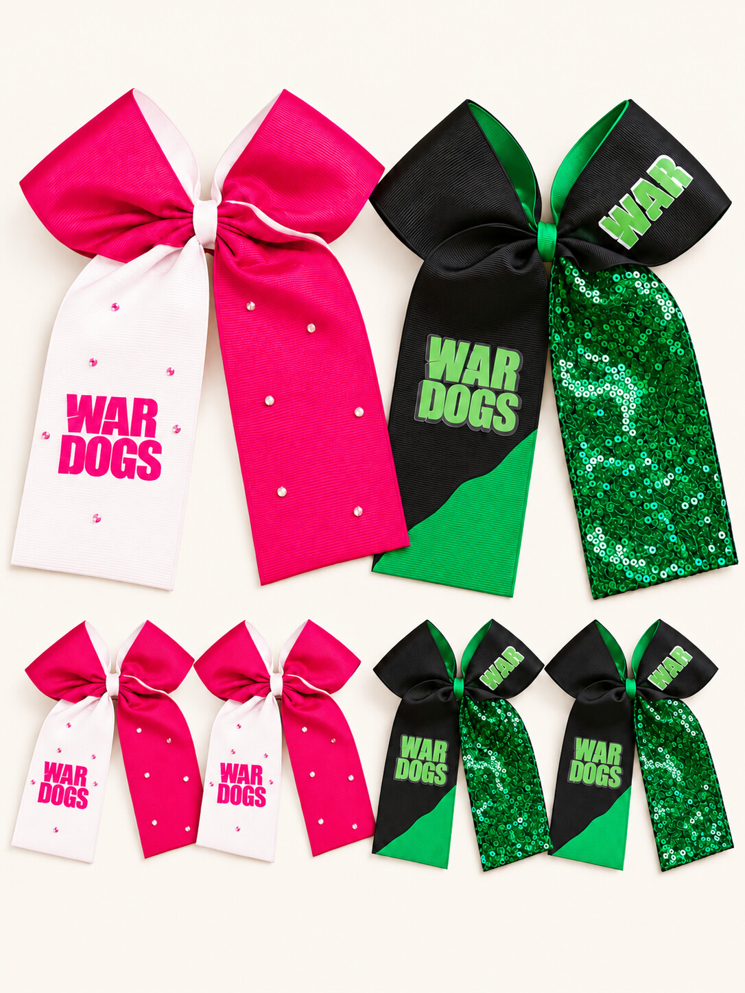 Lazos War Dogs rosa y verde personalizados para una clienta