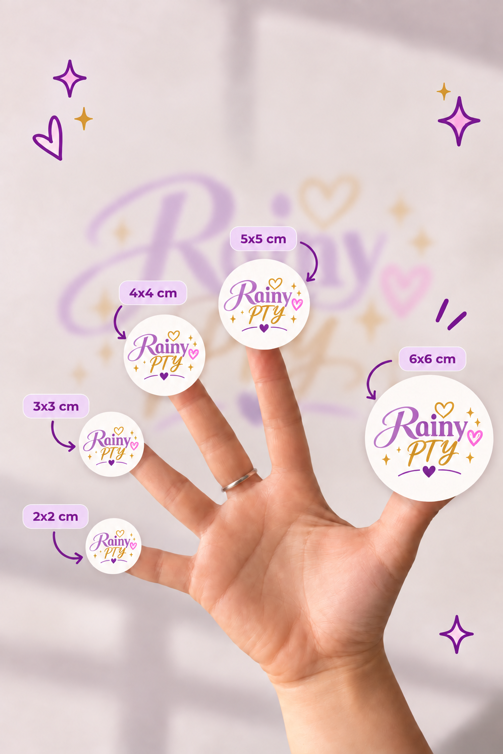 Ejemplos de stickers personalizados en distintos tamaños