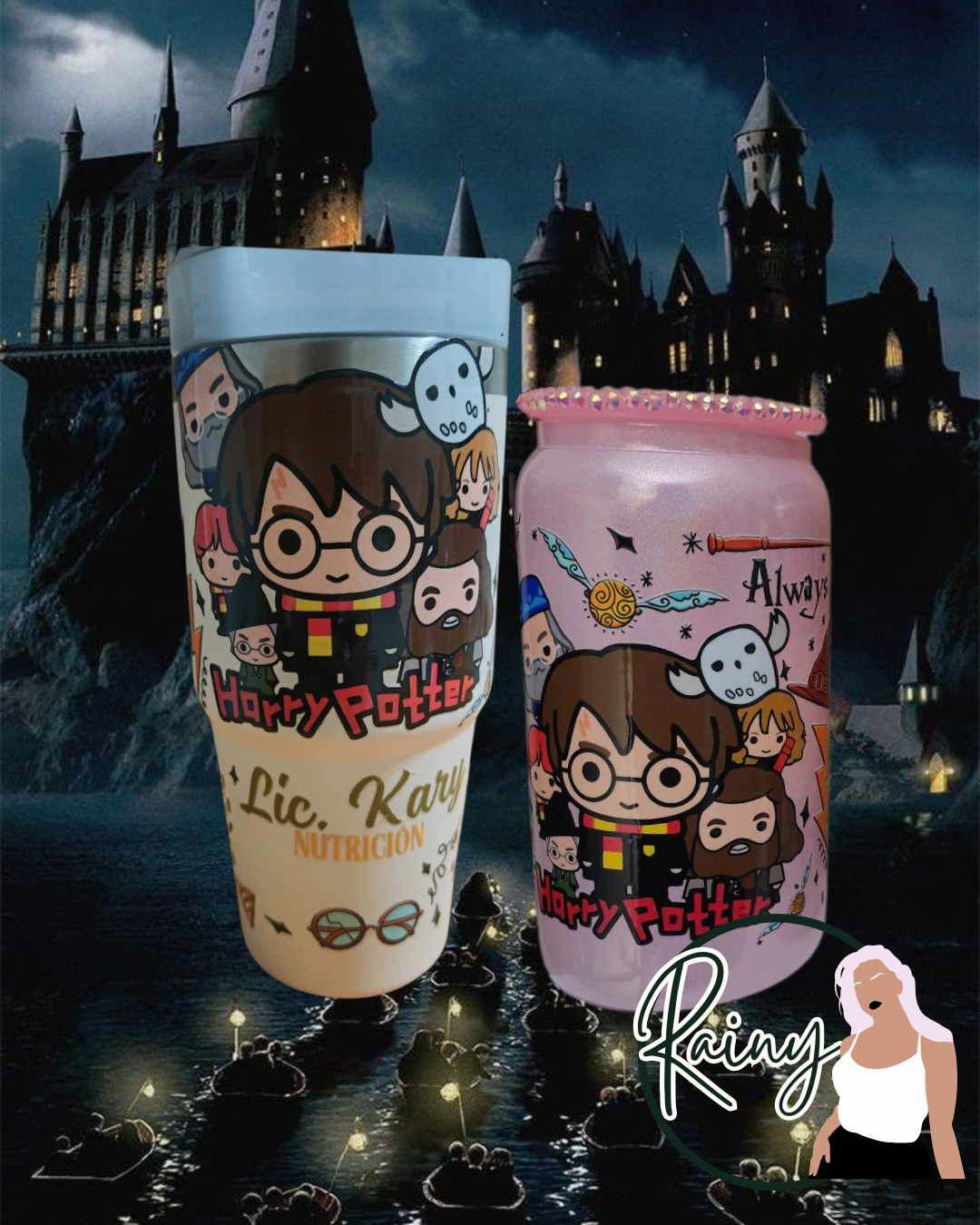 Rainy Sips personalizados, termo crema y vaso rosa
