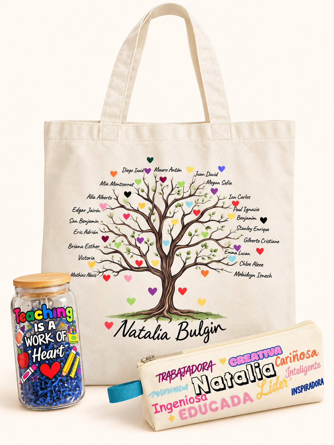 Bolsa, vaso y cartuchera personalizados para una maestra