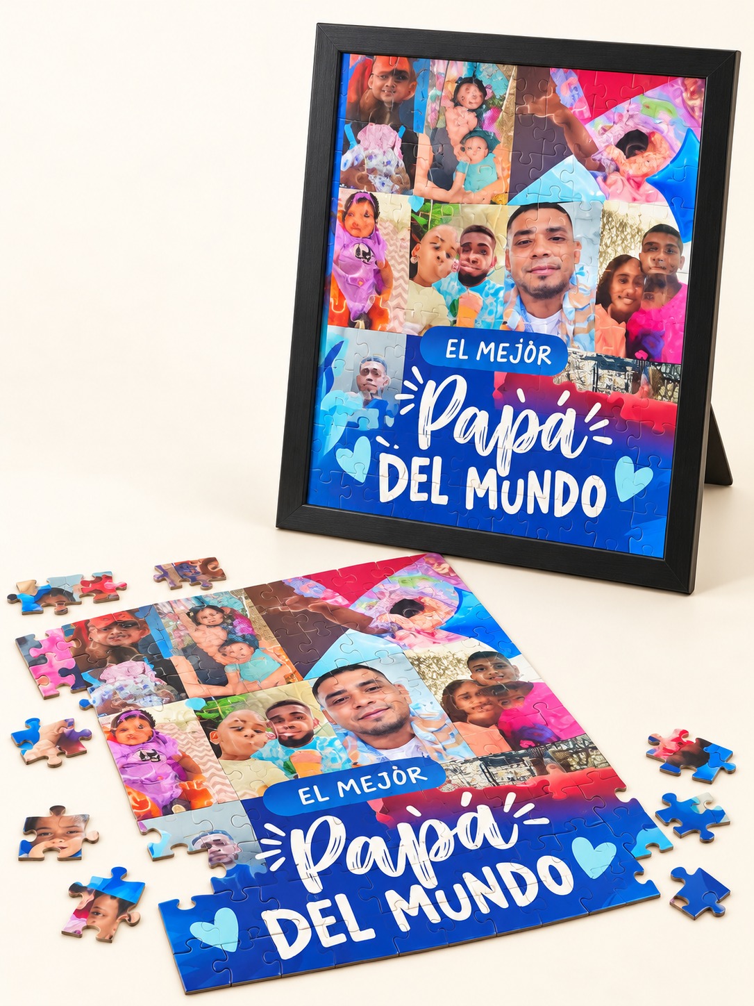 Rompecabezas personalizado junto a cuadro de mesa
