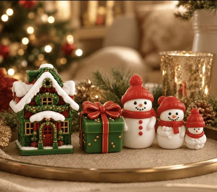Referencia de diseño: Casita, regalo y muñecos de nieve